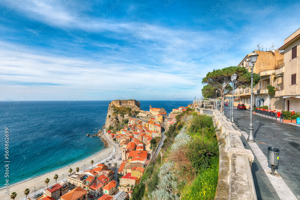 Awesome seaside and town Scilla with old medieval castle on rock Castello Ruffo