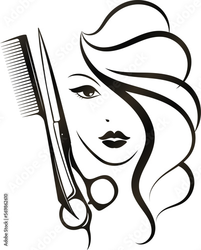 Face silhouette of a beautiful girl with curls of hair. Scissors and comb stylist. Design for hair care hair salon