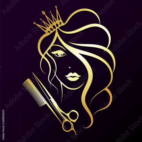 Golden silhouette of a girl with curls of hair. Scissors and comb stylist. Design for hair care hair salon