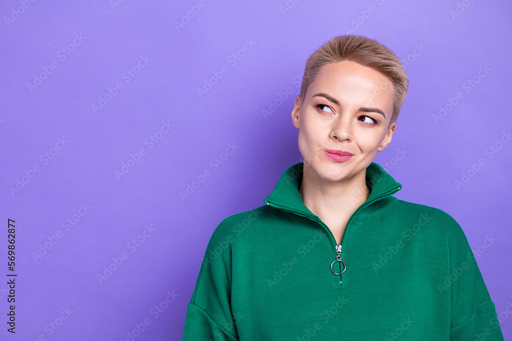 Portrait of pretty minded lady look interested empty space contemplate isolated on purple color background Portrait of pretty minded lady look interested empty space contemplate isolated on purple color background