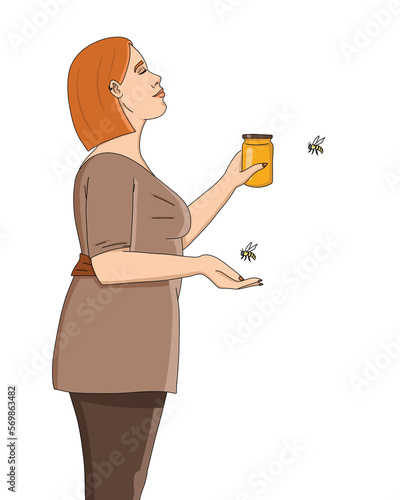 woman with honey and bees, isolated drawn character photo