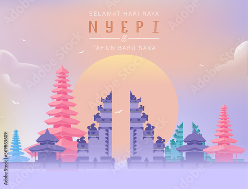 Translation : Happy Nyepi Day. Happy Bali's Day of Silence and Hindu New Year Vector Illustration, Nyepi Day and Hari Raya Saka, Hindu Ceremony
