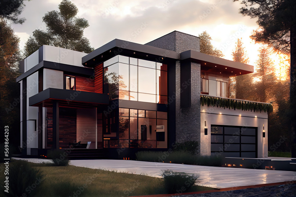 Beautiful Modern Home Exterior with Generative AI Beautiful Modern Home Exterior with Generative AI