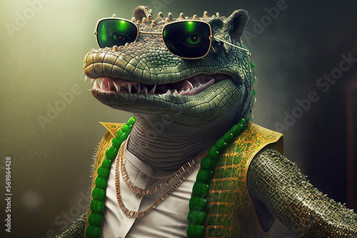 African crocodile in disco clothes, concept of Fashionable Animal and Animal Costumes, created with Generative AI technology