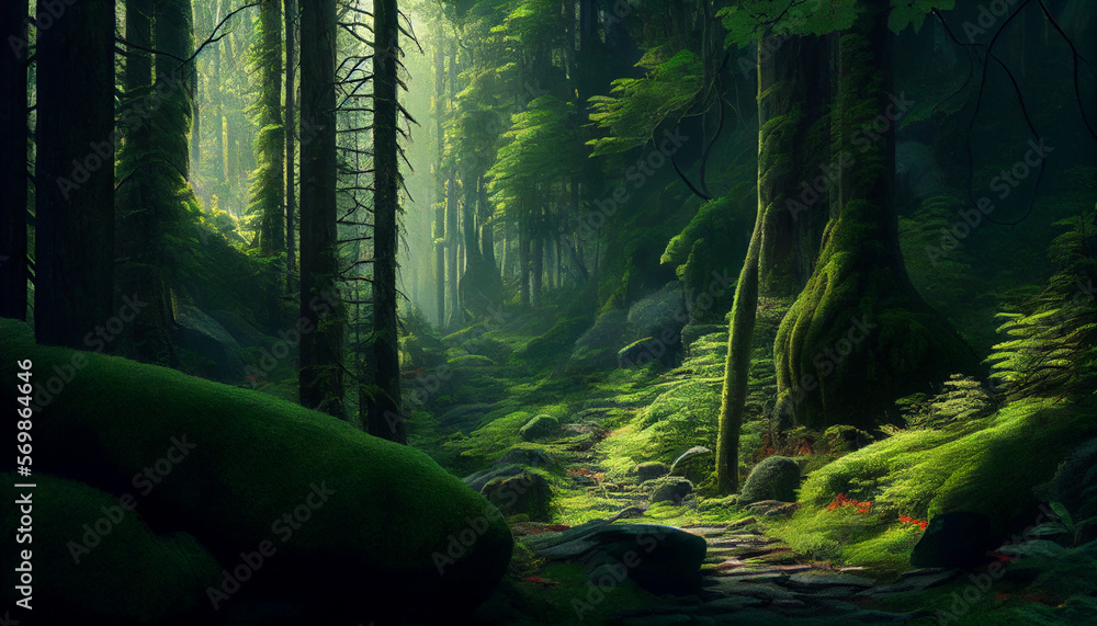 A panoramic view of a forest, lush, green, nature