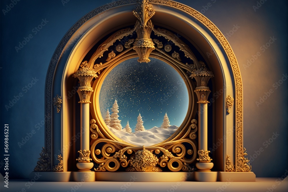 arch window frame with empty snow globe in middle gold. Generative Ai