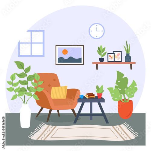 Apartment interior with armchair concept, Cosy study room vector color icon design, Green Office symbol, Eco Friendly Workspace sign, Modern interior design elements stock illustration 