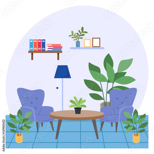 Biophilic learning space concept, psychiatrist office vector color icon design, Green Office symbol, Eco Friendly Workspace sign, Modern interior design elements stock illustration 