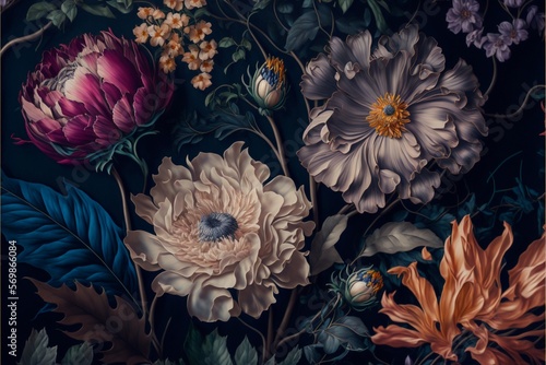 hand Painted flowers as a lush pattern oil painted Photo. Generative Ai © Bright Studio