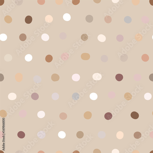 Seamless neutral polka dots pattern. Brown hand-drawn circles on beige background. Abstract lines of points ornament. Vector boho illustration for wallpaper, fabric, print, wrapping paper, textile