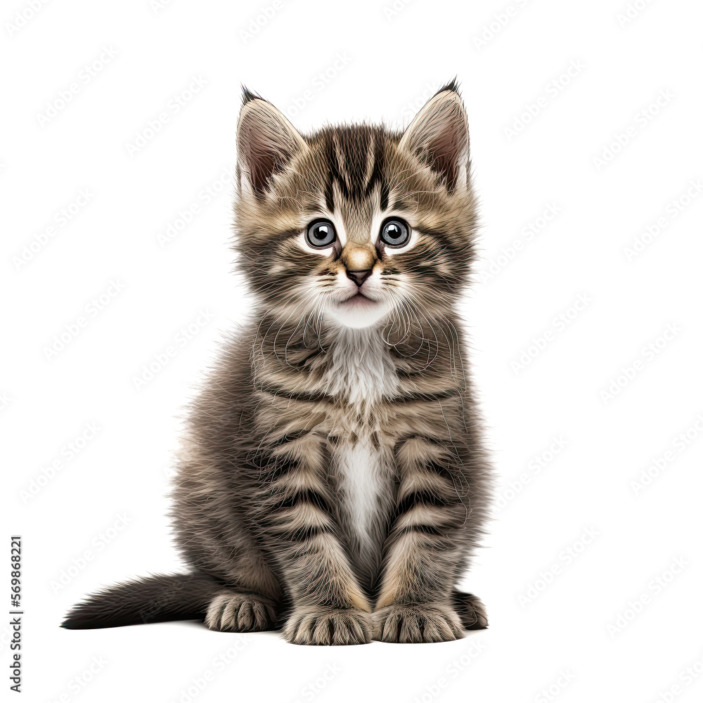 Funny gray kitten with beautiful big eyes posing on a white background. Lovely fluffy cat. Free space for text. Generative AI Funny gray kitten with beautiful big eyes posing on a white background. Lovely fluffy cat. Free space for text. Generative AI