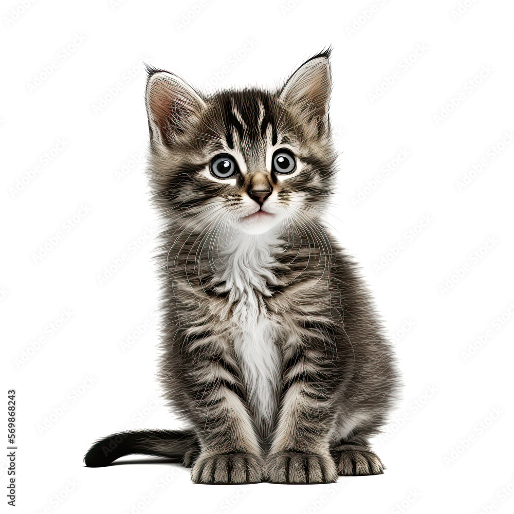 Funny gray kitten with beautiful big eyes posing on a white background. Lovely fluffy cat. Free space for text. Generative AI