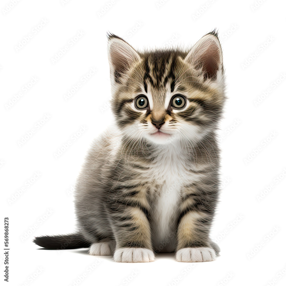 Funny gray kitten with beautiful big eyes posing on a white background. Lovely fluffy cat. Free space for text. Generative AI Funny gray kitten with beautiful big eyes posing on a white background. Lovely fluffy cat. Free space for text. Generative AI