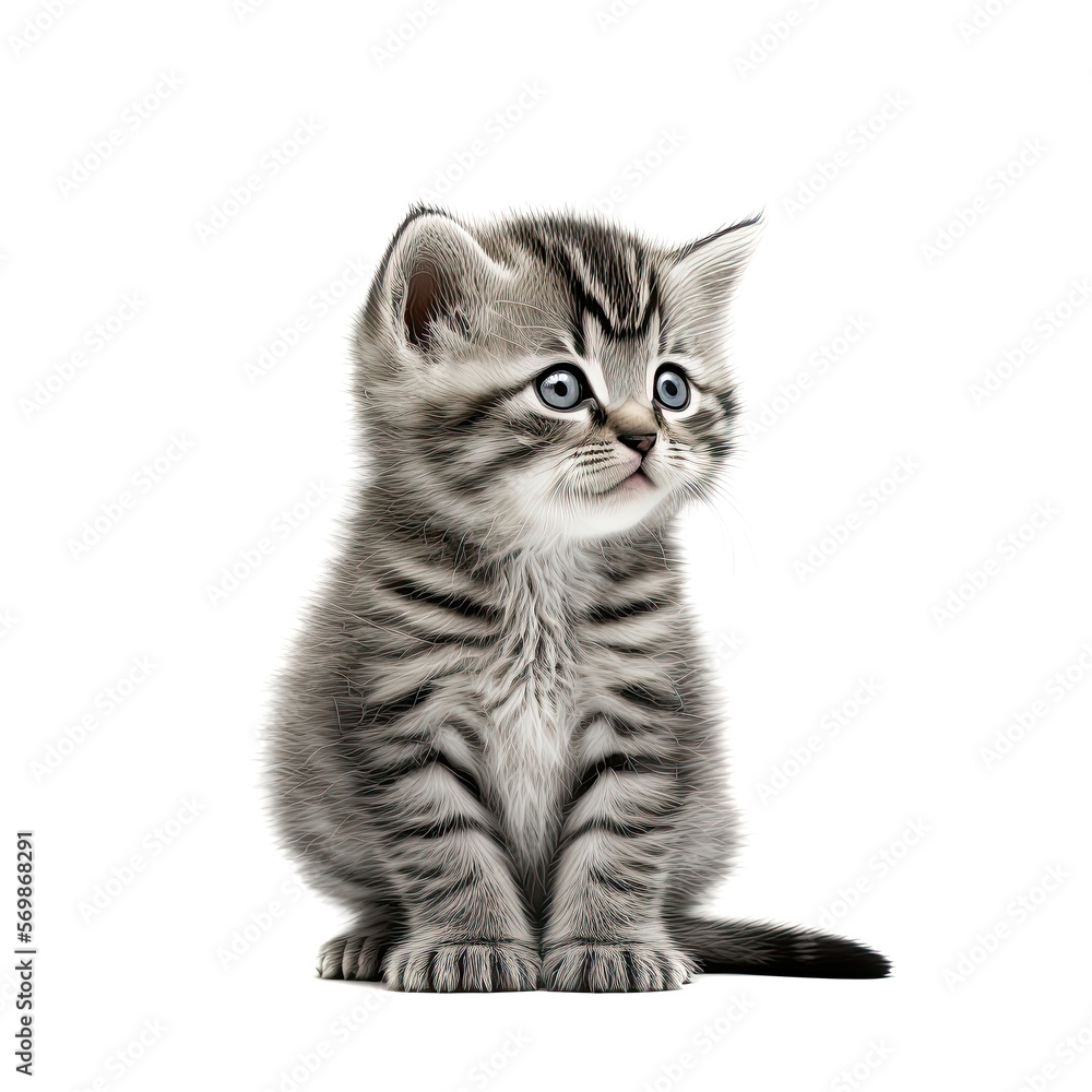 Fototapeta premium Funny gray kitten with beautiful big eyes posing on a white background. Lovely fluffy cat. Free space for text. Generative AI