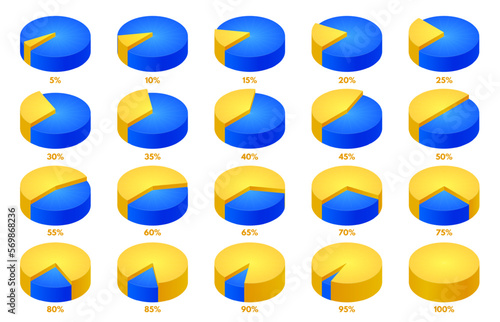 Isometric pie chart animation. Round 3D percent graph, proportion infographic and percentage share vector illustration set