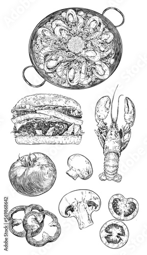 Ilustración en blanco y negro a tinta , realista de estilo vintage de marisco, pescados, carnes, hamburguesas y otros alimentos para cartas de restaurantes y publicidad en restauración. (ID: 569868642)
