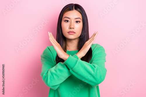 Photos Photo of pretty confident lady wear green sweatshirt arms crossed asking stop is