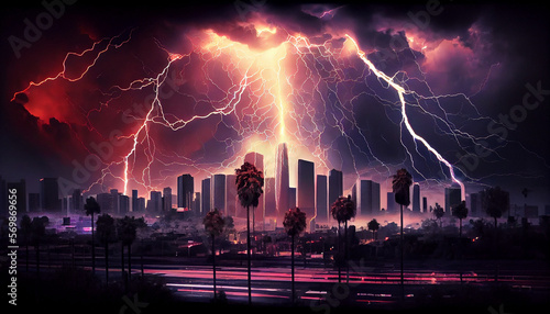 Lightning city - illustration, lightning, city, rain
