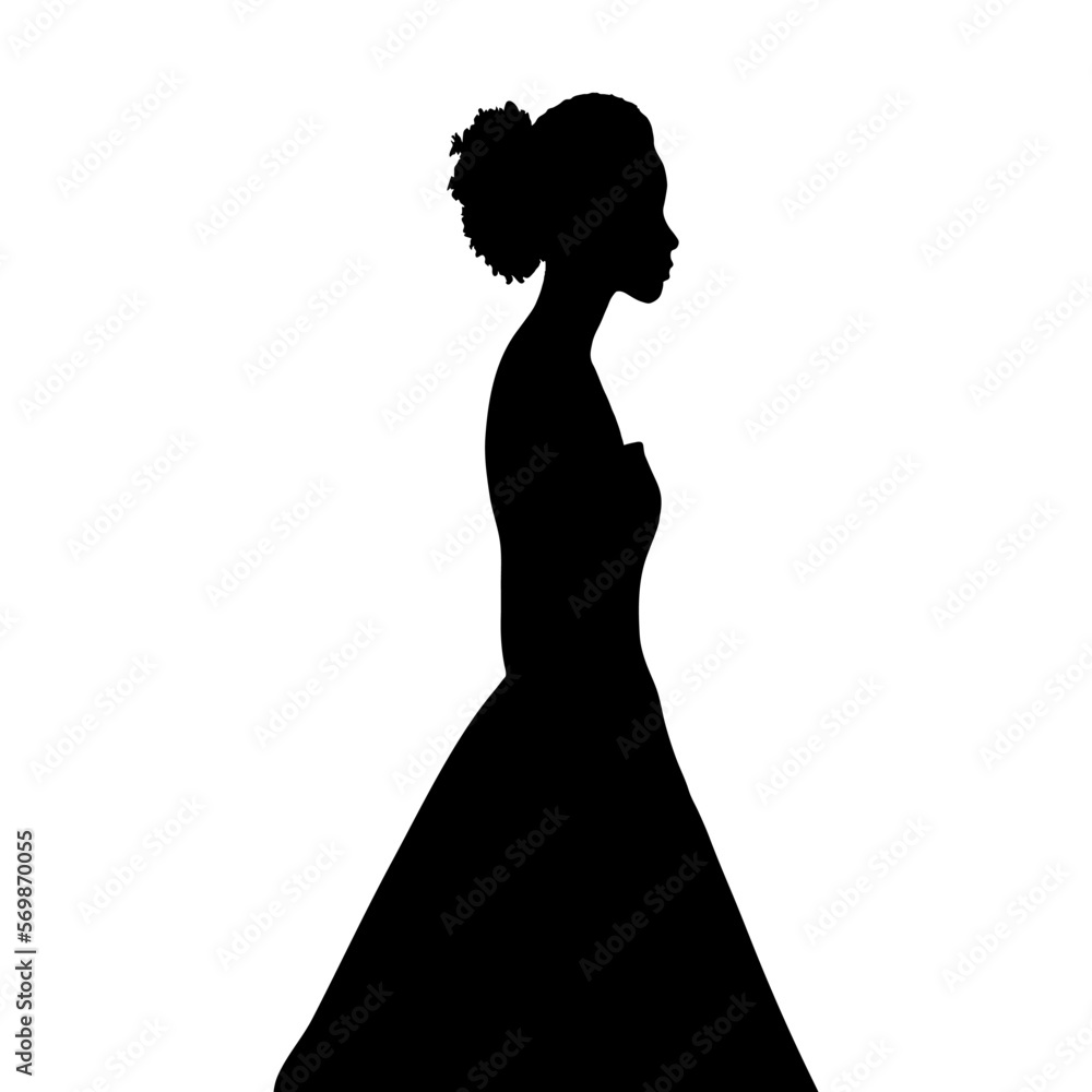 Vector silhouette of  young woman in dress standing, black color, isolated on white background