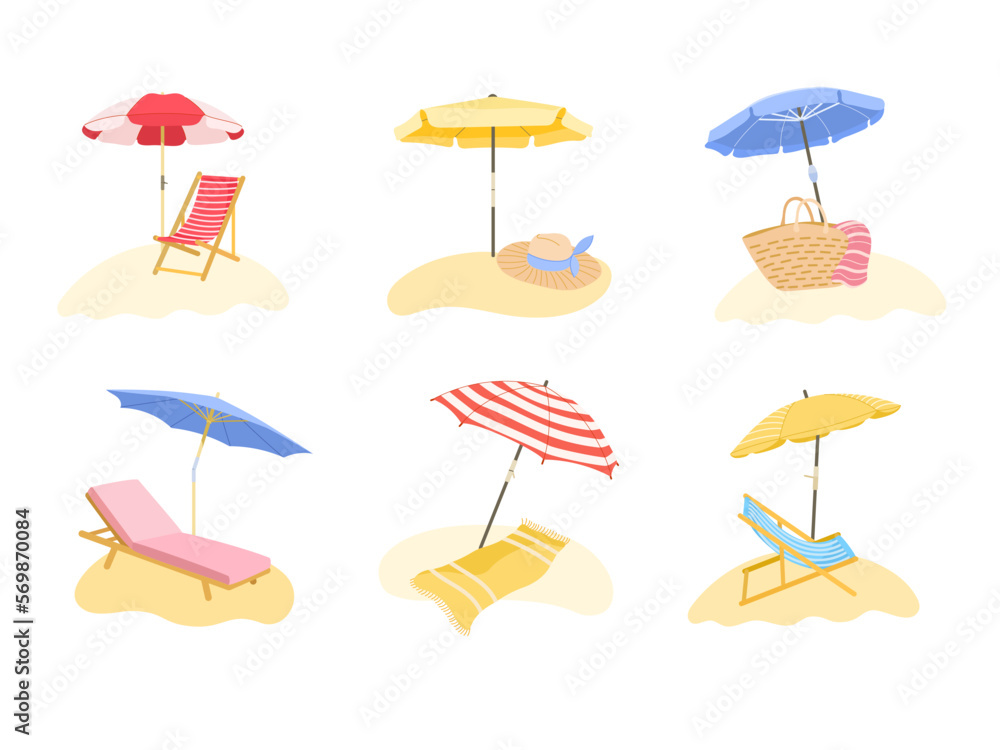 Beach sunshade. Deck chair and sun protection umbrella for summer resort vacation on beach vector illustration set - obrazy, fototapety, plakaty 