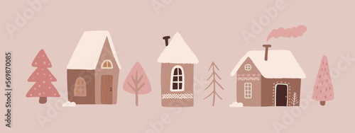 Cute Christmas Houses with decor. New Year and Christmas attribute 