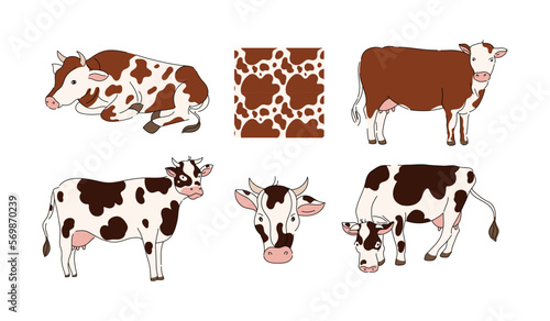 Cartoon cows. Animal from milk farm, lying and standing cattle with texture of cow spots pattern vector illustration set