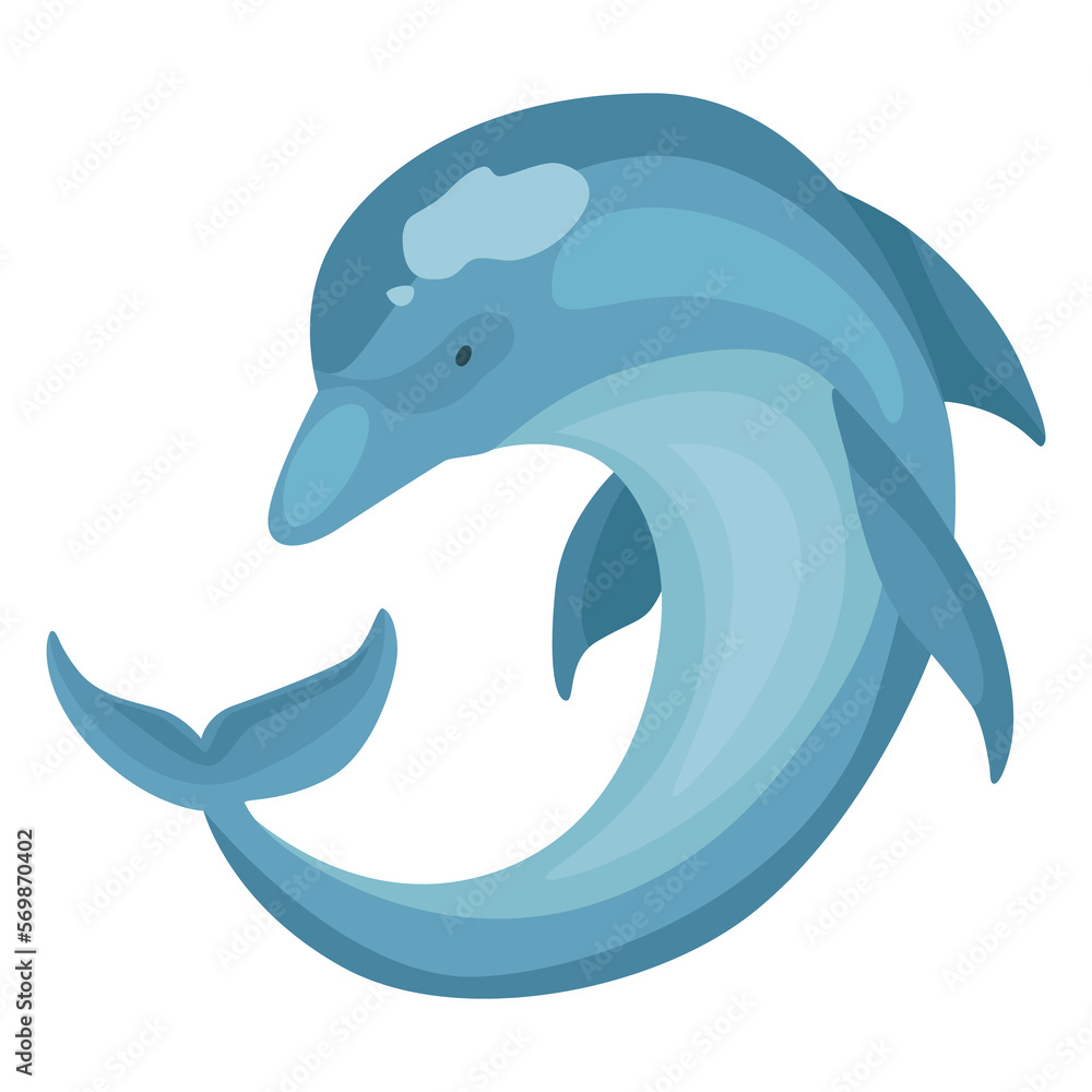 Obraz premium Dolphin cartoon character. Ocean mammal in motion isolated on white. illustration of sea life blue fish or wild nature animal