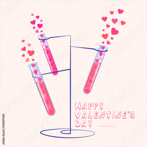 Test tubes on a stand with a pink potion. A set of test tubes with a love potion. Hearts flying out of a test tube. Symbol of love, vector drawings of love chemistry