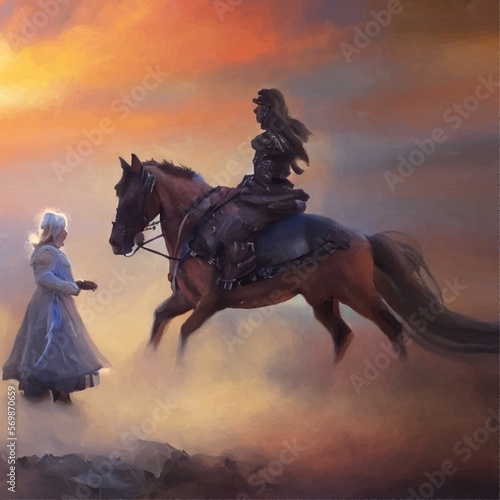 old woman and warior riding a horse on a misty day AI © matahiasek
