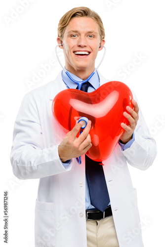 A handsome doctor using a stethoscope on a balloon heart isolated on a png background © peopleimages.com
