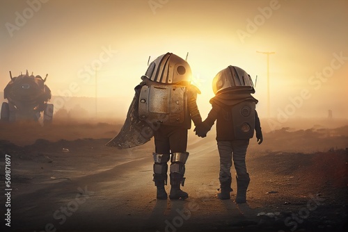 Post apocalypse or postapocalypse concept. Robots holding hands in wasteland, generative AI photo