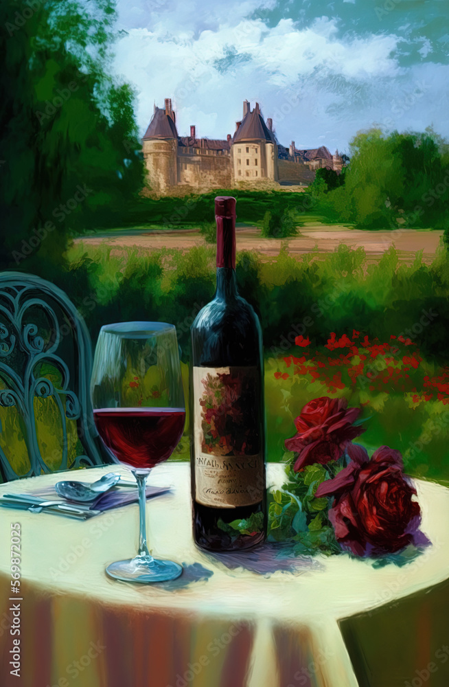A romantic scene overlooking lush gardens, a bottle of red wine on the table. Impressionistic style and painted in oils.