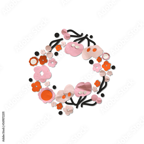 Cute botanical floral wreath illustration. Paper cut card  print  design