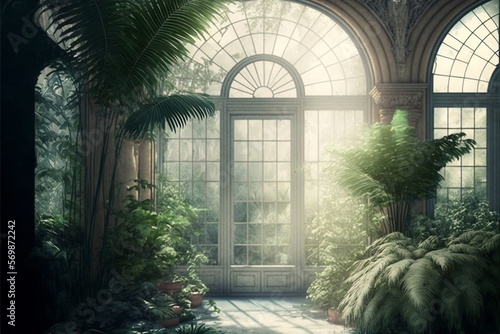 magical conservatory day light digital background. Generative Ai photo