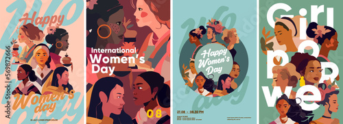 March 8, women, international women's day, girl power. Set of vector illustrations. Flat design. Typography. Background for a poster, t-shirt or banner. photo
