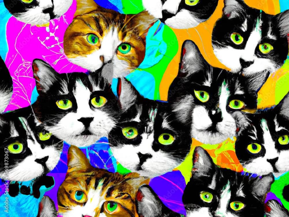 Cat faces, colours abstract background collage – Generative AI Illustration Cat faces, colours abstract background collage – Generative AI Illustration