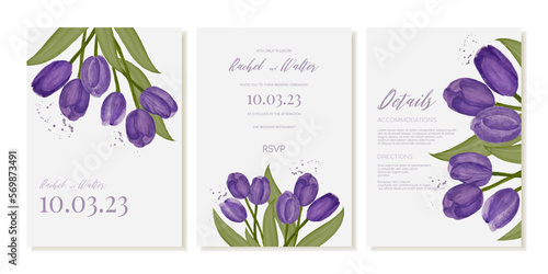 Wedding invitation template with watercolor purple tulips. Vector