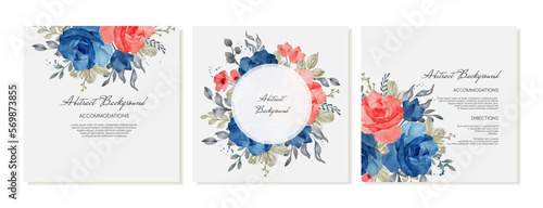 Elegant square templates for cards, social media posts with watercolor flowers, blue roses. Vector