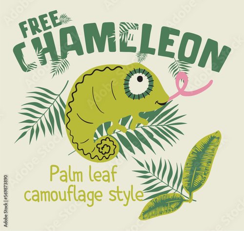 Cute chameleon on a branch with tropical leaves and flower, vector illustration. Perfect for baby shower, nursery and kids wall art, t-shirt print.