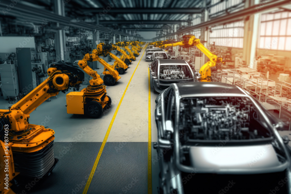automotive factory producing cars with automated robotic arms in assembly line. generative ai automotive factory producing cars with automated robotic arms in assembly line. generative ai