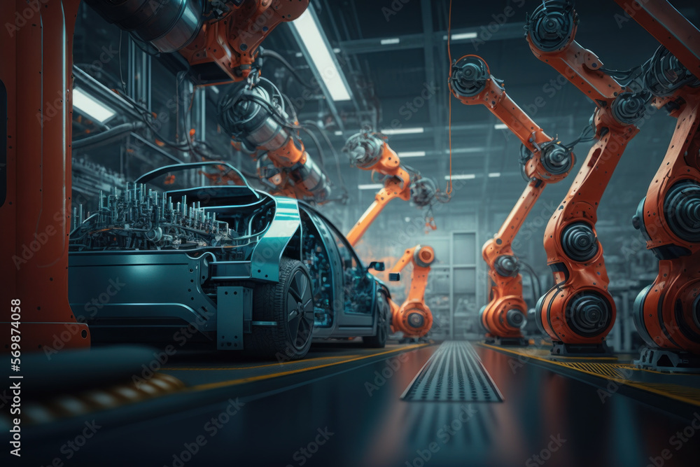 automotive factory producing cars with automated robotic arms in assembly line. generative ai