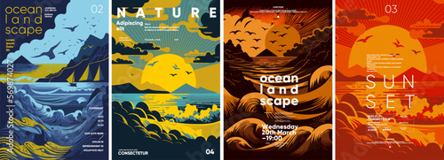 Sunset, storm, ocean waves. Set of vector illustrations. Flat design. Typography. Background for a poster, t-shirt or banner.