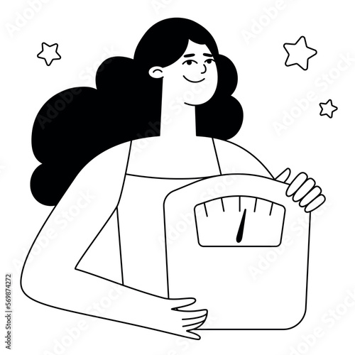  A healthy and happy girl who has achieved success in weight loss. Weight loss program and diet concept. Vector illustration in cartoon flat style.