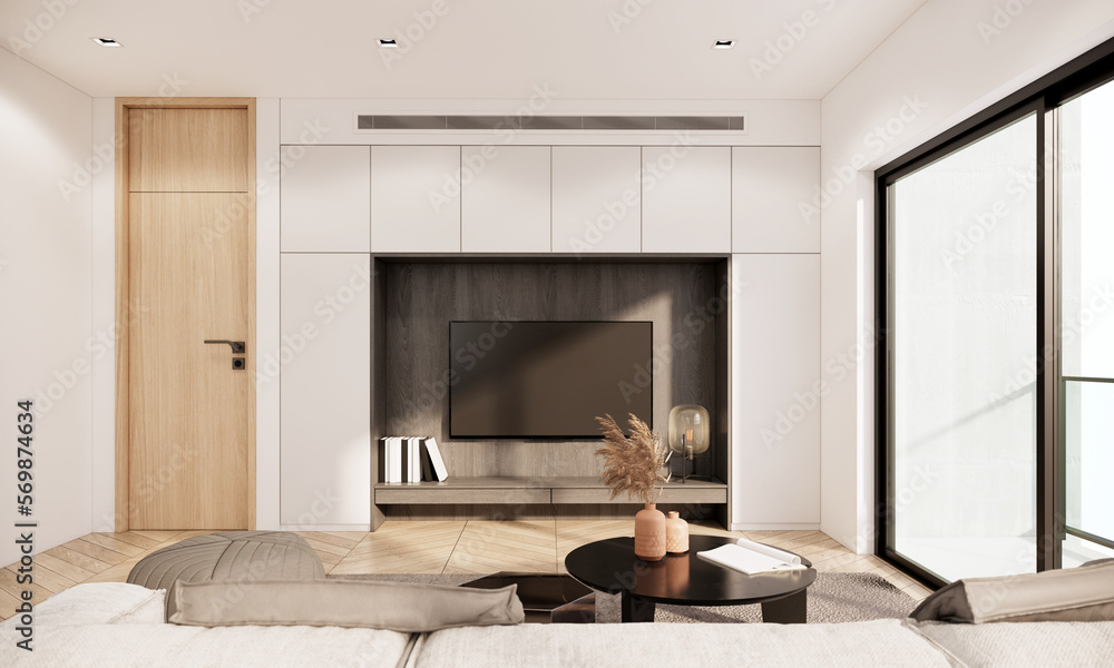 3d rendering mockup modern interior room design and decoration in white color wall with furniture and smart television. minimal apartment ideas 3d rendering mockup modern interior room design and decoration in white color wall with furniture and smart television. minimal apartment ideas