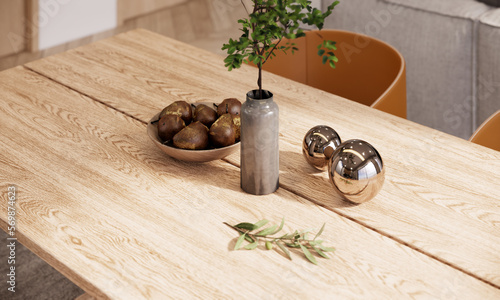 3d rendering mockup modern interior room design close-up wood dining table. minimal apartment ideas.