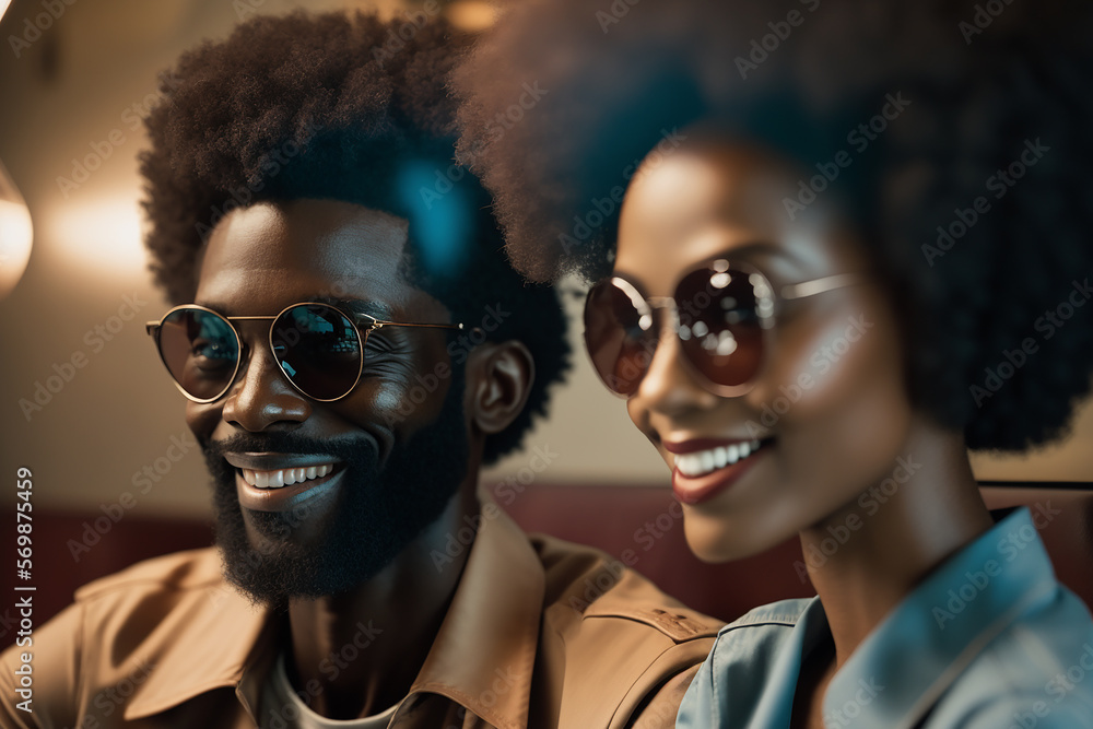 Half-length portrait, stock photography portrait of afro-haired man and woman wearing sunglasses smiling, in a coffee shop. Ai generated art