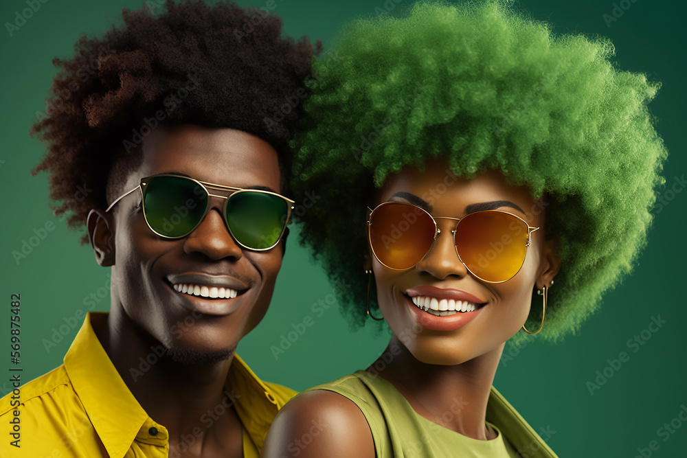 Half-length portrait, stock photography portrait of afro-haired man and woman wearing sunglasses smiling, green background. Ai generated art Half-length portrait, stock photography portrait of afro-haired man and woman wearing sunglasses smiling, green background. Ai generated art