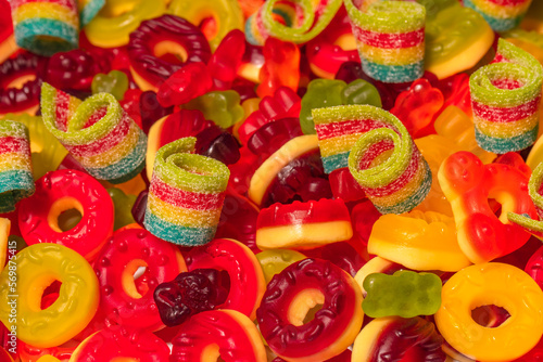 Assorted colorful gummy candies. Top view. Jelly donuts.