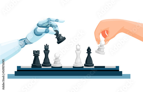 Robot vs Human playing Chess game. artificial intelligence technology symbol cartoon illustration vector photo