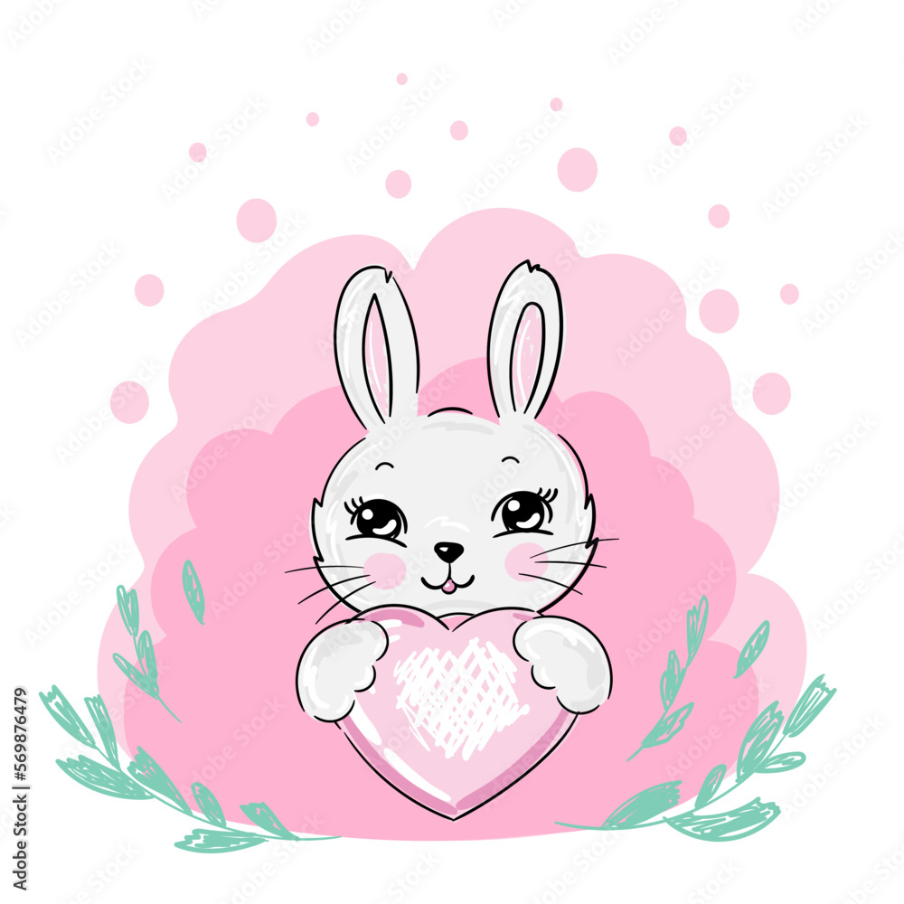 Hand drawn Cute Bunny and pink heart vector illustration print design rabbit, children print on t-shirt. Hand drawn Cute Bunny and pink heart vector illustration print design rabbit, children print on t-shirt.